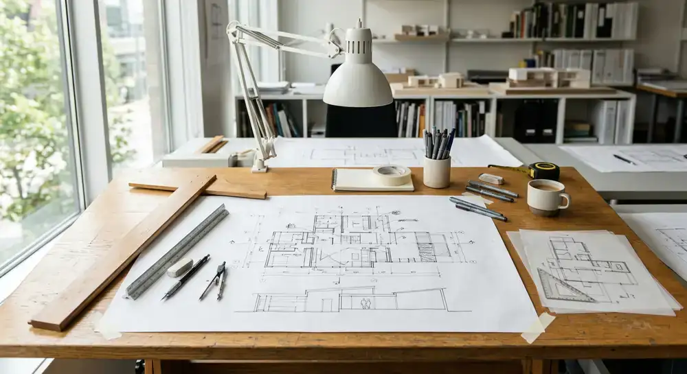 Architectural drawings and tools on a desk