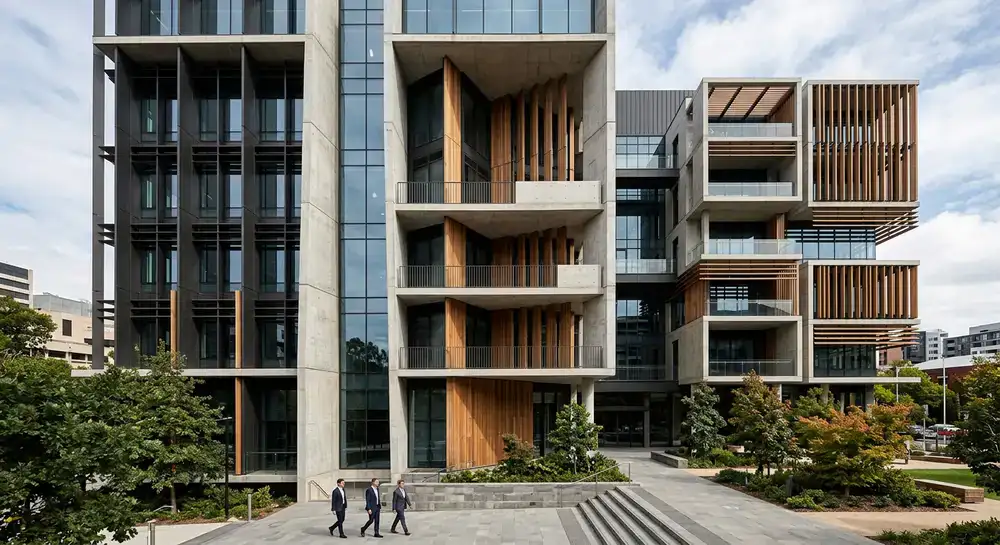 Modern architectural building facade highlighting structural depth