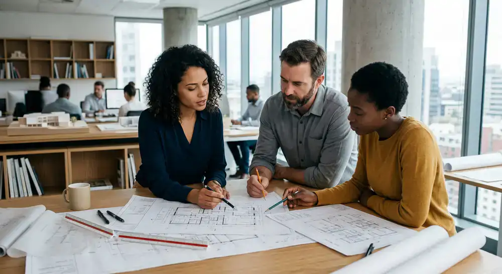 Architects collaborating over blueprints in a modern office